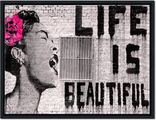 Pyradecor Lienzo enmarcado negro para pared, Banksy Life is Beautiful Artwork Modern Grey Love Pictures Paintings para dormitorio, sala de estar,