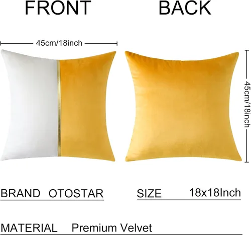 Miniatura 6 de OTOSTAR Fundas de almohada de terciopelo amarillo y blanco con retazo de cuero dorado, lujosas, modernas, minimalistas, cuadradas, para sala