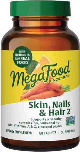 MegaFood Piel, Uñas y Cabello 2 - Vitaminas para Mujeres y Hombres - Biotina, Vitamina A, C, Zinc, B6, E, Ácido Pantoténico - Vegano - Hecho sin 9