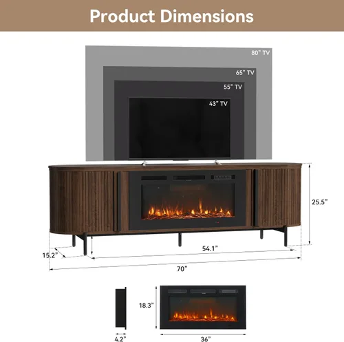 Miniatura 2 de Soporte de TV de lujo de 70 pulgadas con chimenea, moderno soporte de TV de mediados de siglo, centro de entretenimiento para televisores de hasta