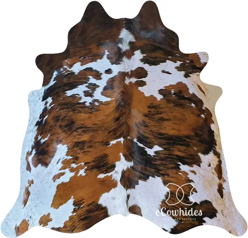 ECOWHIDES Alfombra de Área de Cuero de Vaca Brasileña Tricolor, Piel de Cuero de Vaca para Sala de Estar del Hogar (XL) 7 x 6 pies
