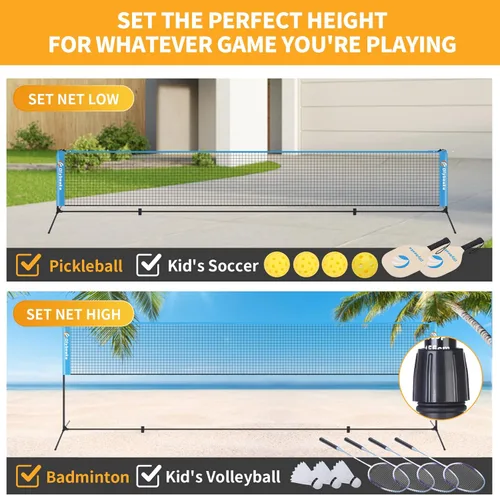 Miniatura 6 de 17FT Portable Pickleball Badminton Net Set Outdoor, Height Adjustable Multi Sports Net Set for Backyards Driveway with 4 Aluminum Rackets, 2 Pickle
