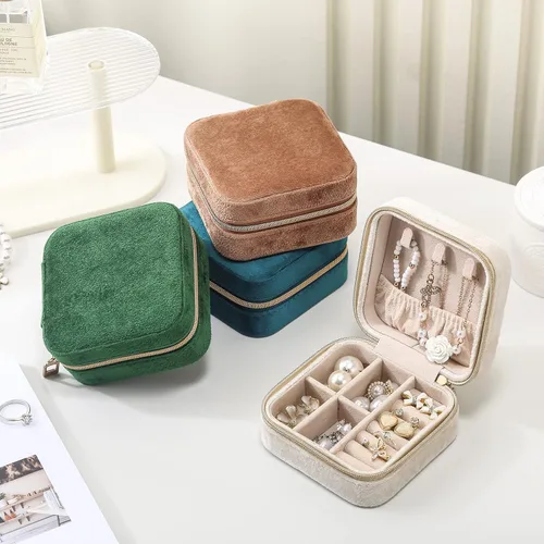 Miniatura 5 de CASEGRACE Joyero de viaje, joyero de terciopelo de felpa, organizador de viaje pequeño, organizador de viajes, anillos, collares, pulseras, aretes