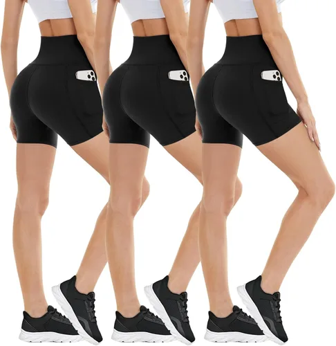 Paquete de 3 pantalones cortos de motociclista con bolsillos para mujer, cintura alta de 5 pulgadas, pantalones cortos de elastano para