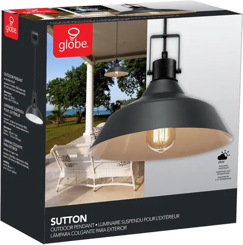 Miniatura 8 de Globe Electric 44476 - Lámpara colgante para interiores y exteriores, acabado negro mate, detalle de enchufe texturizado, altura colgante ajustable