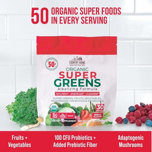 Miniatura 4 de Country Farms Super Greens sabor a bayas, 50 súper alimentos orgánicos, mezcla de bebida orgánica USDA (pasto de trigo, espirulina, chlorella)