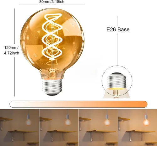 Miniatura 4 de G80 Bombillas Edison vintage regulables de 4 W (equivalente a 40 W) con filamento LED, luz cálida de 2200 K CRI80+, E26, 25000 horas, bombillas