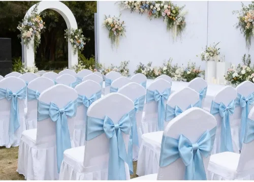 Miniatura 2 de Bandas de satén para sillas de color azul bebé, paquete de 50 lazos para sillas de color azul claro para boda, revelación de género, baby shower