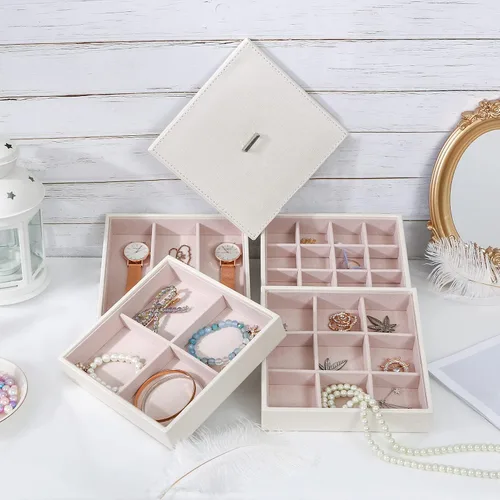 Miniatura 4 de BEWISHOME Bandejas organizadoras de joyas, bandejas apilables para almacenamiento de aretes con tapa para aparador y cajón, 32 ranuras para anillos