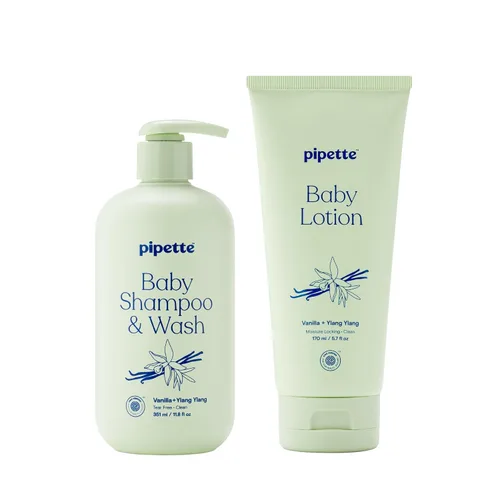 Pipette Vanilla + Ylang Ylang Wash and Lotion Duo - Paquete de 2, limpio, incluye gel de baño y loción para recién nacidos y niños, baño sin