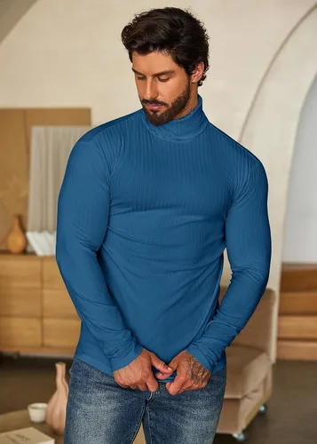 Miniatura 8 de COOFANDY Camisetas de manga larga con cuello alto para hombre, ajustadas, acanaladas, básicas, suéter de punto ligero