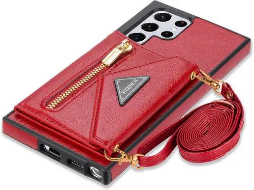 Miniatura 10 de Funda tipo cartera cruzada de piel sintética para Samsung Galaxy S22 Ultra 5G, 6.8 pulgadas, tarjetero, monedero con cremallera y soporte (negro)
