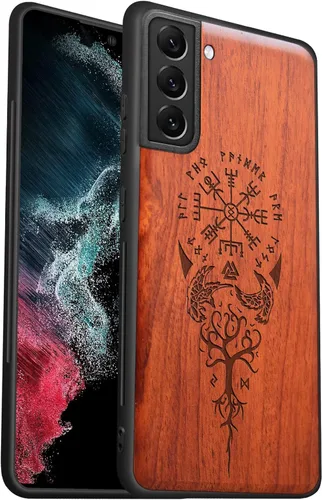 Miniatura 11 de Carveit Funda para Galaxy S22 Ultra de madera compatible con S22 Ultra Viking Compass Vegvisir-Rosy Madera real dura, TPU suave, funda protectora