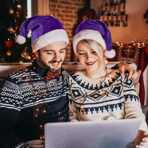Miniatura 6 de Sombrero de Navidad de Papá Noel morado de felpa para adultos, sombrero de Navidad de terciopelo morado de felpa para mujeres y hombres, suministros