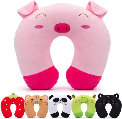 Miniatura 6 de H HOMEWINS Almohada de viaje para niños, linda almohada de cuello de animal para niños y niñas, almohada suave de soporte para cuello, cabeza
