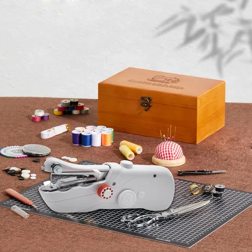 Miniatura 8 de Máquina de coser de mano con exquisita caja de almacenamiento de madera y kit de costura de 142 piezas, interruptor eléctrico, fuente