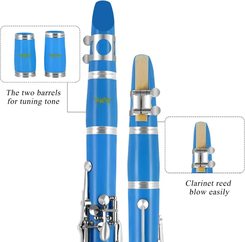 Miniatura 3 de Clarinete BB para estudiantes principiantes Clarinete plano B Clarinete de 17 teclas con correa de soporte de estuche, 2 barriles, 8 boquillas, Azul
