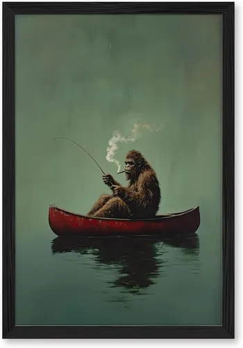 Miniatura 22 de Póster de lienzo retro de Sasquatch, divertido pie grande en una canoa roja, pesca verde esmeralda, arte de pared, diseño de casa de lago, vintage