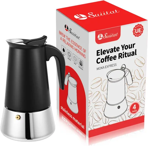 Olla Moka, 4 Tazas (7.1 oz) Cafetera de Espresso para Estufa, Olla Moka de Acero Inoxidable 304, Compatible con Inducción, Negra