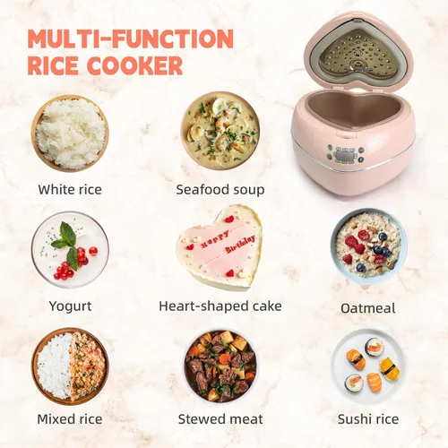Miniatura 2 de Peach - Olla arrocera en forma de corazón para 8 tazas cocidas, 4 tazas de arroz crudo, multifuncional, 300 W, con temporizador preestablecido, 1.8