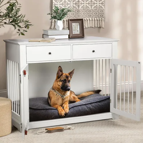 Miniatura 14 de LEMBERI Mueble de jaula para perros grande de 44 pulgadas, mesa auxiliar de madera para perros con cajones de almacenamiento, jaula decorativa