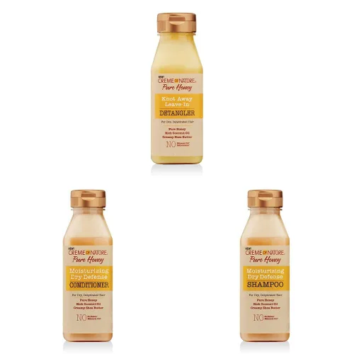 Creme of Nature Dry Defense - Desenredante sin enjuague, miel pura y aceite de coco y manteca de karité acondicionador y champú para cabello dañado