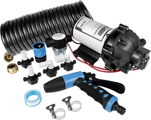WASSERMANN Kit de bomba de lavado de 12 V CC, 7.5 GPM 80 PSI, bomba de diafragma autocebante de 5 cámaras con interruptor de presión, manguera en