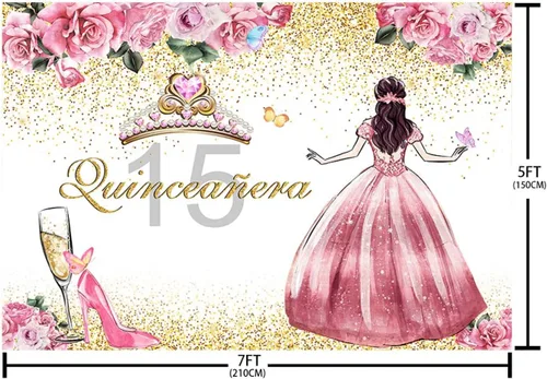 Miniatura 4 de SENDY Telón de fondo de quinceañera de 7 x 5 pies para niña, fondo de feliz cumpleaños de 15 años, flores rosas, tacones altos, corona, princesa