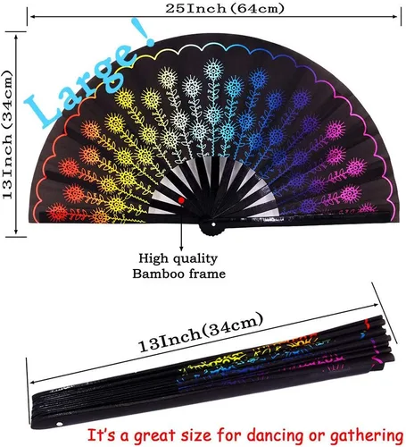 Miniatura 3 de Abanico grande plegable de mano para mujeres/hombres, ventiladores de mano chinease/japonés de bambú y tela de nailon, perfecto para refrescar