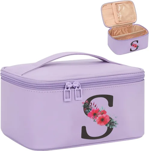 Miniatura 13 de OCHEAL Bolsa de maquillaje personalizada, bolsa de maquillaje beige para mujer, kit de aseo de viaje con monograma, organizador de cosméticos listo