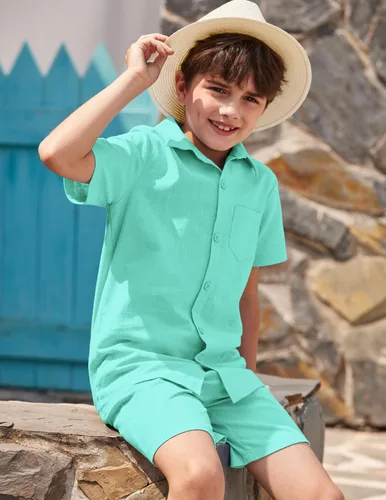 Miniatura 3 de COOFANDY Boy's 2 Piece Outfit Linen Short Sleeve Button Down Shirt Shorts Sets