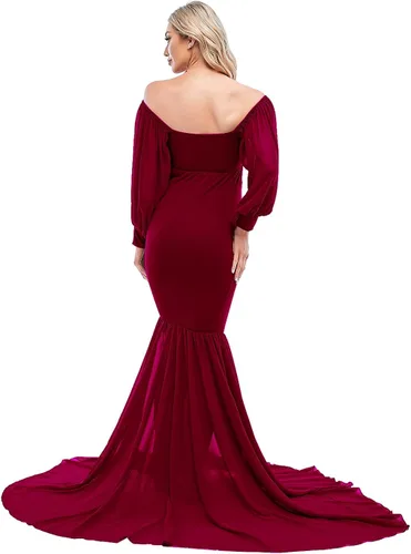 Miniatura 5 de ZIUMUDY Vestido de sirena ajustado de maternidad para sesión de fotos, manga larga, falda de gasa escalonada, vestido de accesorios para fotos
