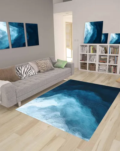 Miniatura 9 de Alfombra rectangular grande azul costero de 2.7 x 5 pies, para sala de estar, playa, degradado, abstracto, moderno, degradado, ondulado, duradero