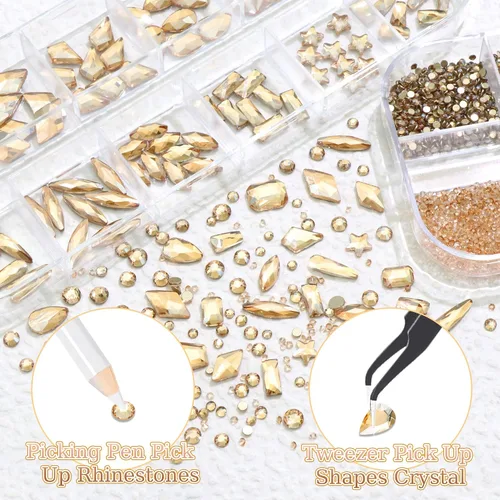Miniatura 4 de 3520 diamantes de imitación de uñas color dorado champán para uñas, multiformas con parte trasera plana, diamantes de imitación redondos