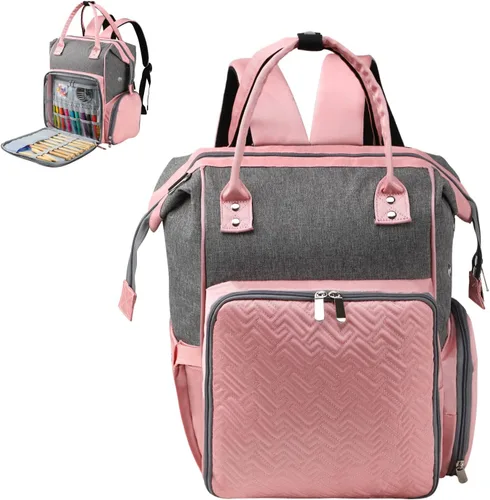 Mochila organizadora de proyectos para tejer accesorios de suministros de ganchillo, bolsa organizadora de almacenamiento de hilo, bolsa Rosa & Gris