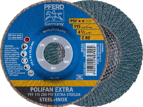 Miniatura 9 de PFERD POLIFAN® Disco Flap 4-1/2" x 7/8" Plano PSF-Extra, Circonita, Grano 40 (Paquete de 1) - Parte 60458