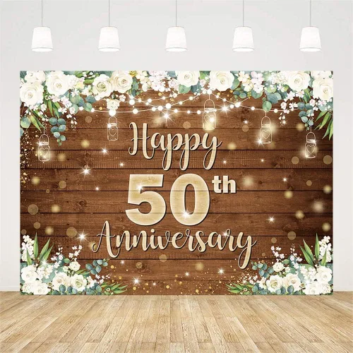 Miniatura 2 de AIBIIN Telón de fondo de feliz aniversario de 7 x 5 pies para parejas que saludan a 50 años, decoración de fiesta de cumpleaños, flores blancas