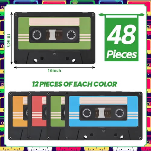 Miniatura 2 de Paquete de 48 manteles individuales de papel de cassette para fiestas de los años 80, manteles individuales decorativos para fiestas de hip-hop