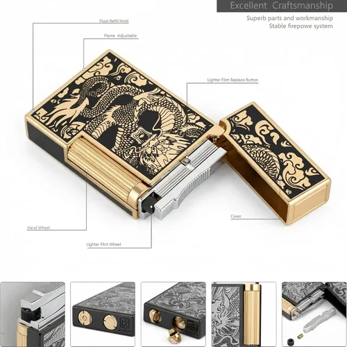 Miniatura 4 de Encendedor de gas de dragón de metal recargable, pedernal de llama ajustable, diseño de dragón chino vintage, encendedor de butano de llama suave