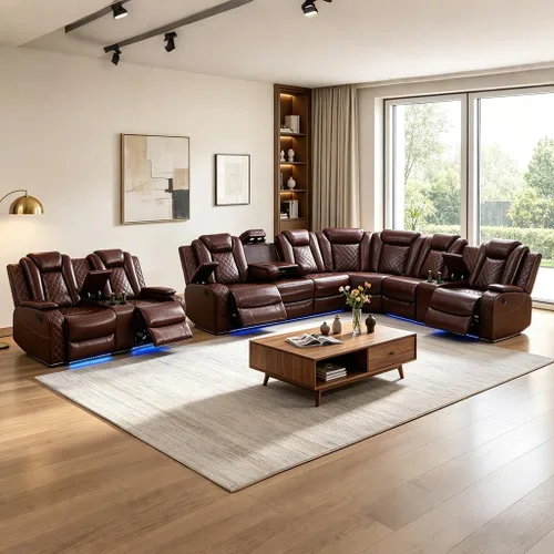 Miniatura 15 de Juego de sofá modular reclinable eléctrico con LED, juegos de muebles de sala de estar, sofá reclinable de cuero para sala de estar/cine en casa