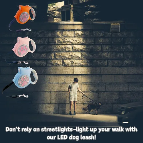 Miniatura 4 de Correa retráctil con luz LED para perros pequeños a medianos, extensible de 16 pies para paseos nocturnos seguros (negro)