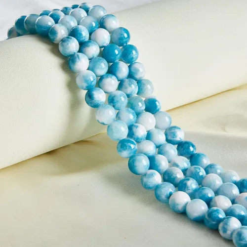 Miniatura 6 de 45 cuentas de jade azul y blanco de 0.315 pulgadas, cuentas de piedras preciosas naturales redondas sueltas para hacer joyas Jade blanco azul