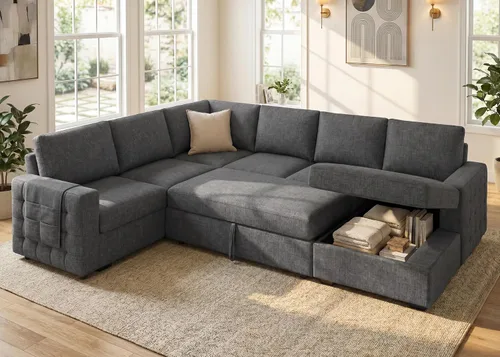 Miniatura 13 de HONBAY Sofá seccional con cama extraíble, sofá cama seccional con almacenamiento, sofás en forma de U para sala de estar, terciopelo beige