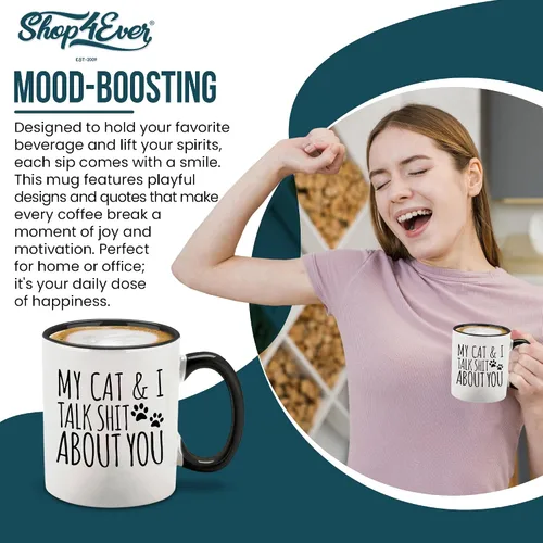 Miniatura 3 de shop4ever My Cat & I Talk About You - Taza de café de cerámica, regalo divertido para mamá gata, 11 onzas (mango negro)