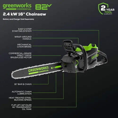 Miniatura 2 de Greenworks - Motosierra sin escobillas de 82 V, 16 pulgadas (2,4 kW) inalámbrica (225 cortes por carga), batería de 4,0 Ah y cargador rápido