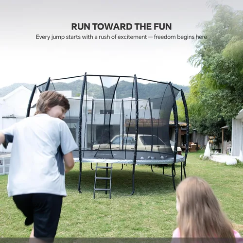 Miniatura 6 de Trampolín para exteriores de 10 pies, 14 pies, 16 pies con recinto, 6 patas reforzadas en forma de U con soporte central, aprobado por ASTM
