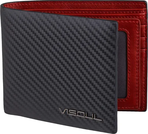 VISOUL Billetera de cuero de fibra de carbono con bloqueo RFID para hombre con 2 ventanas de identificación cartera de cuero para hombre negro y