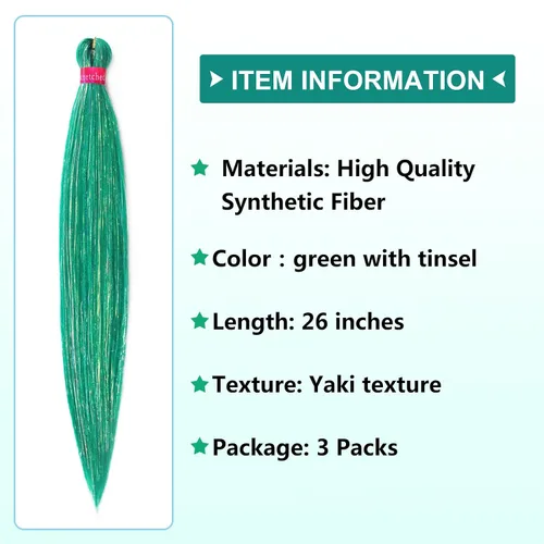 Miniatura 4 de Cabello trenzado verde con lentejuelas de 26 pulgadas, preestirado, trenzas de textura Yaki, extensiones de cabello pre plumadas, 3 paquetes, fácil