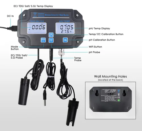 Miniatura 4 de Probador inteligente de calidad del agua 6 en 1 pH/EC/TDS/Salinidad/S.G y medidor de temperatura con monitor continuo Wi-Fi Medidor de agua de pH