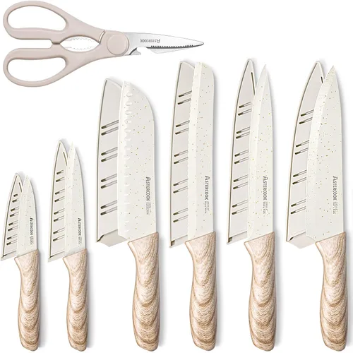 Astercook Juego de cuchillos, juego de 13 cuchillos de cocina con revestimiento cerámico, juego de cuchillos de chef de acero inoxidable con 6